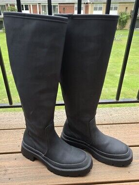 Zara Black Knee High Lug Sole Platform Rubber Rain Boots